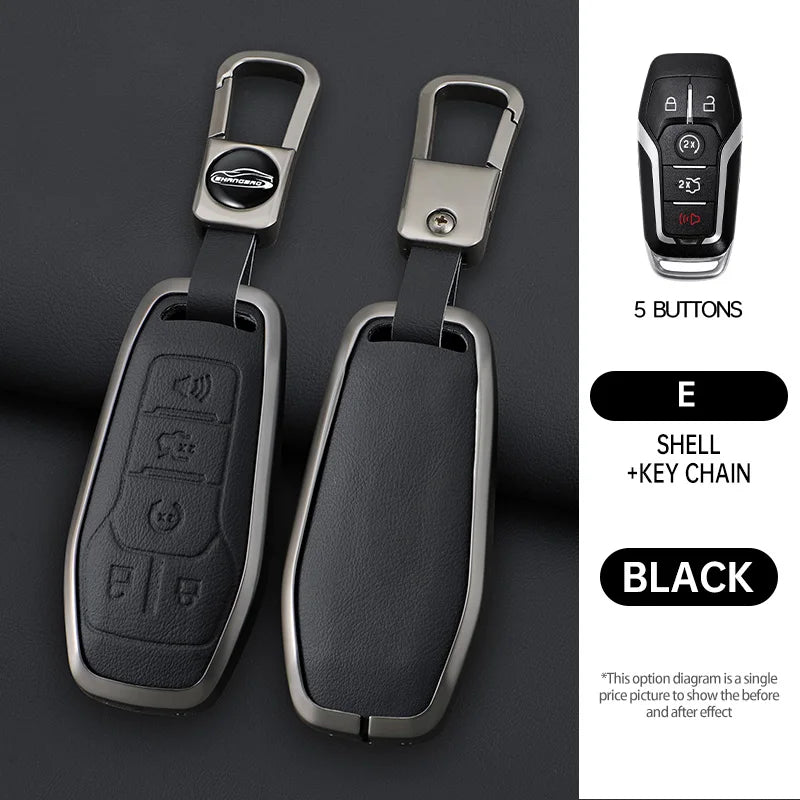 A black key case with a metal chain attached, showing the before and after effect.