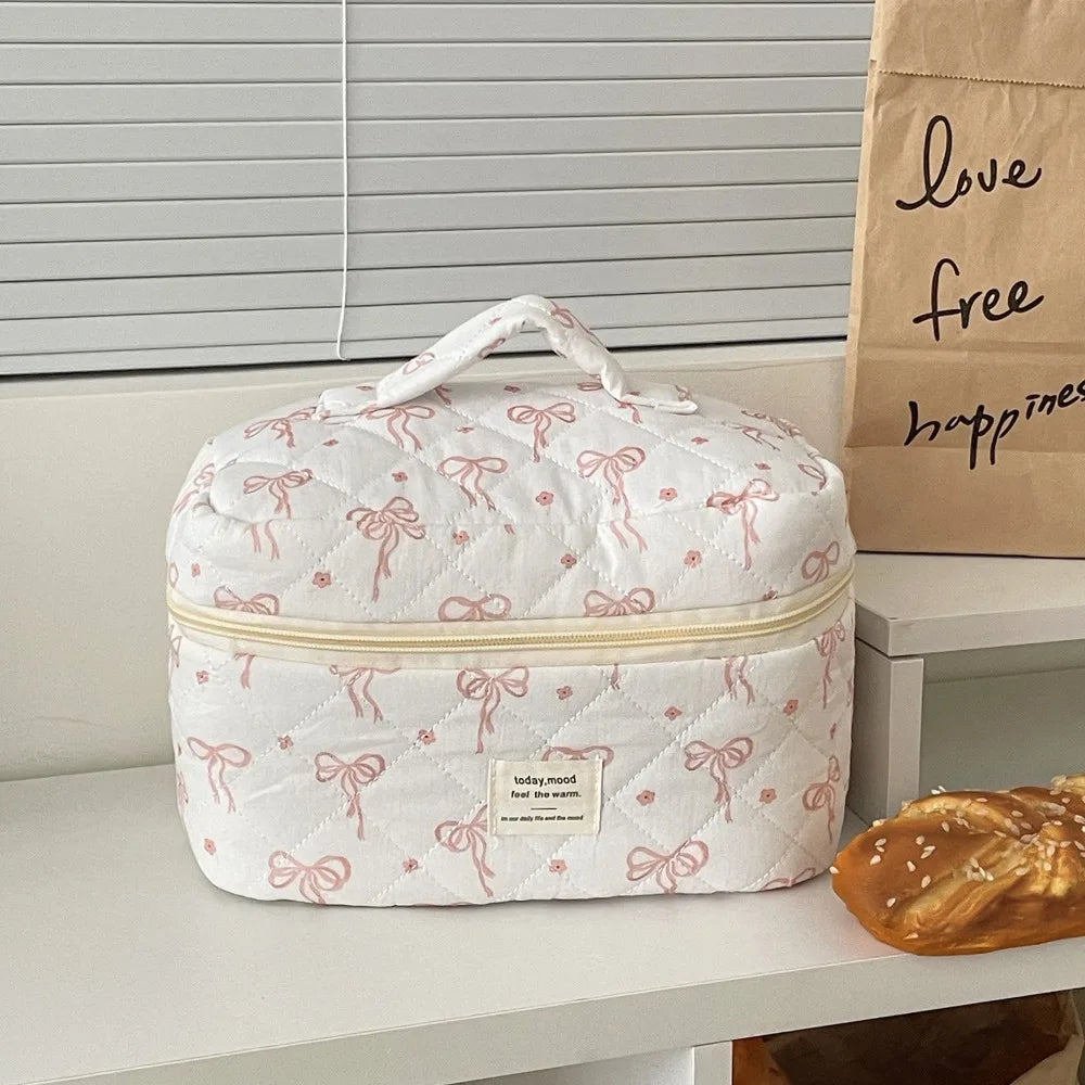 Pink Bow Plaid Quilted Cosmetic Bag with Multiple Compartments