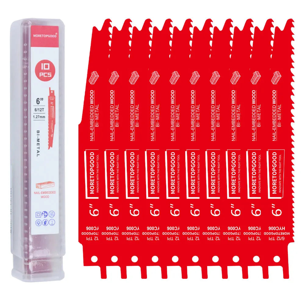 A set of ten bi-metal reciprocating saw blades for nail-embedded wood, packaged in a clear plastic container.