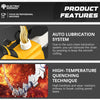 Product features showing auto lubrication system and high-temperature quenching technique on a yellow chainsaw.