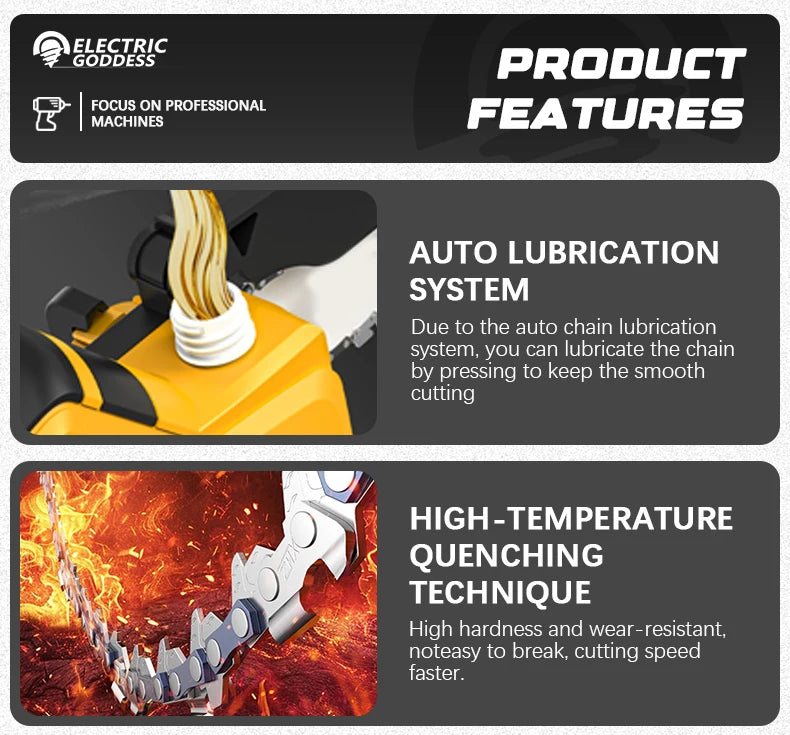 Product features showing auto lubrication system and high-temperature quenching technique on a yellow chainsaw.