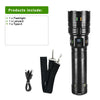 A black rechargeable high-power LED flashlight with a zoom feature and an OLED display, shown next to its lanyard.