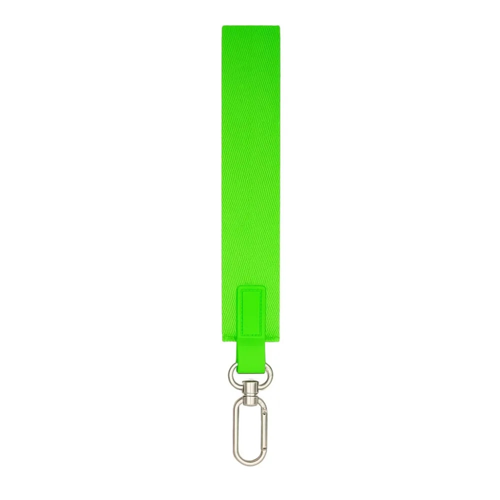 Bright green nylon wristlet keychain strap with a metal clip.