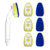 Dish wand soap dispensing brush with replacement sponge heads showing a clear handle and blue and yellow foam heads