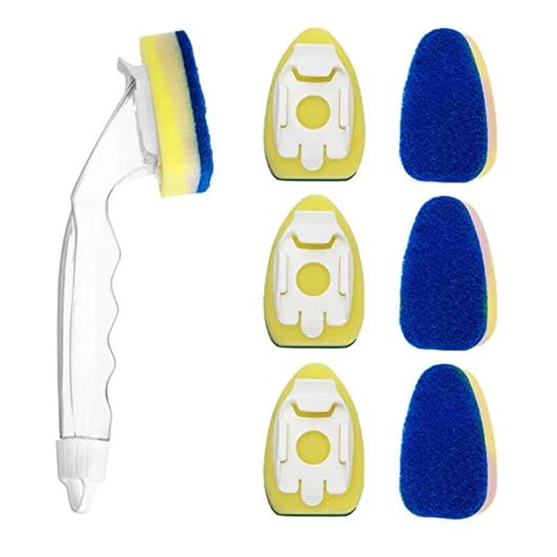 Dish wand soap dispensing brush with replacement sponge heads showing a clear handle and blue and yellow foam heads