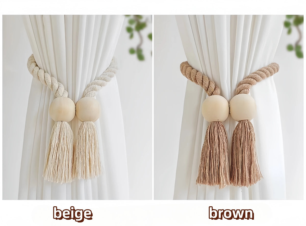 Handwoven Boho Curtain Tiebacks with Wooden Beads