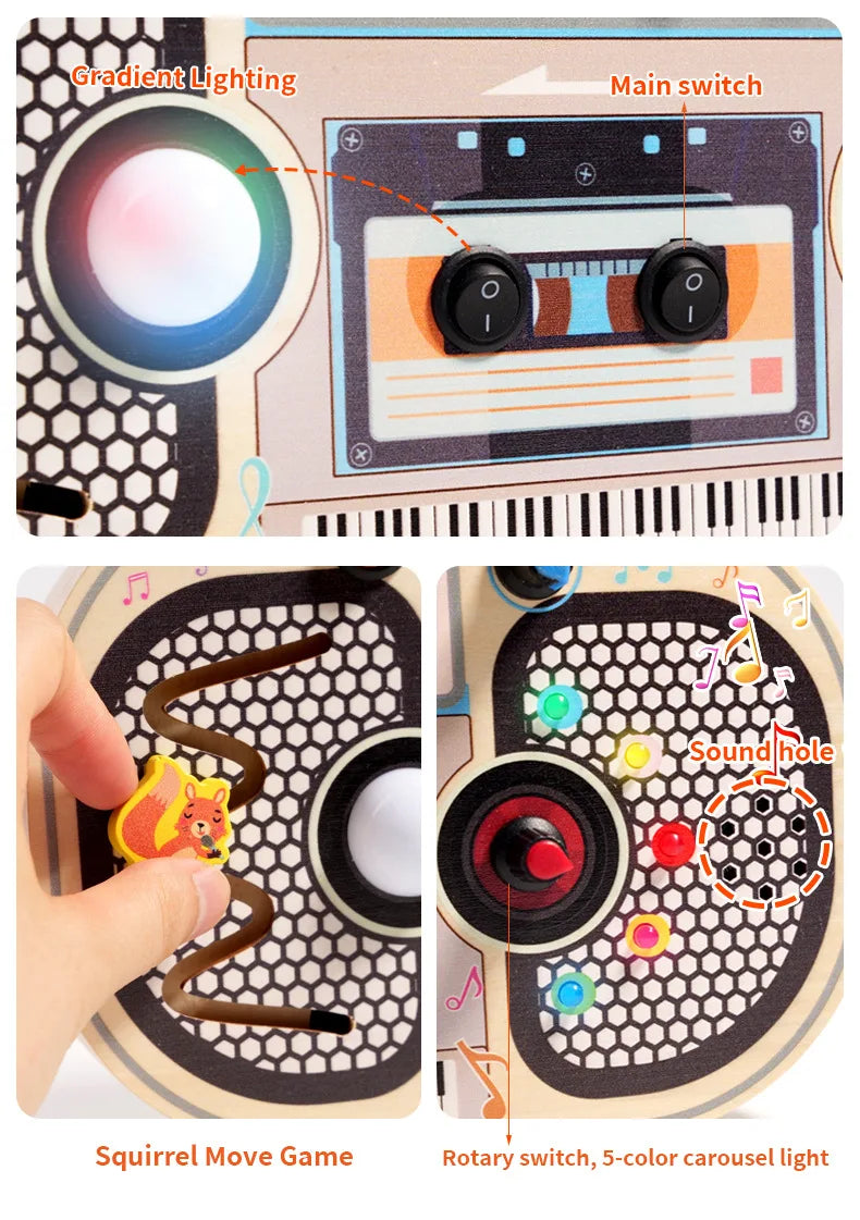 Montessori Wooden Busy Board with LED Switch Controls