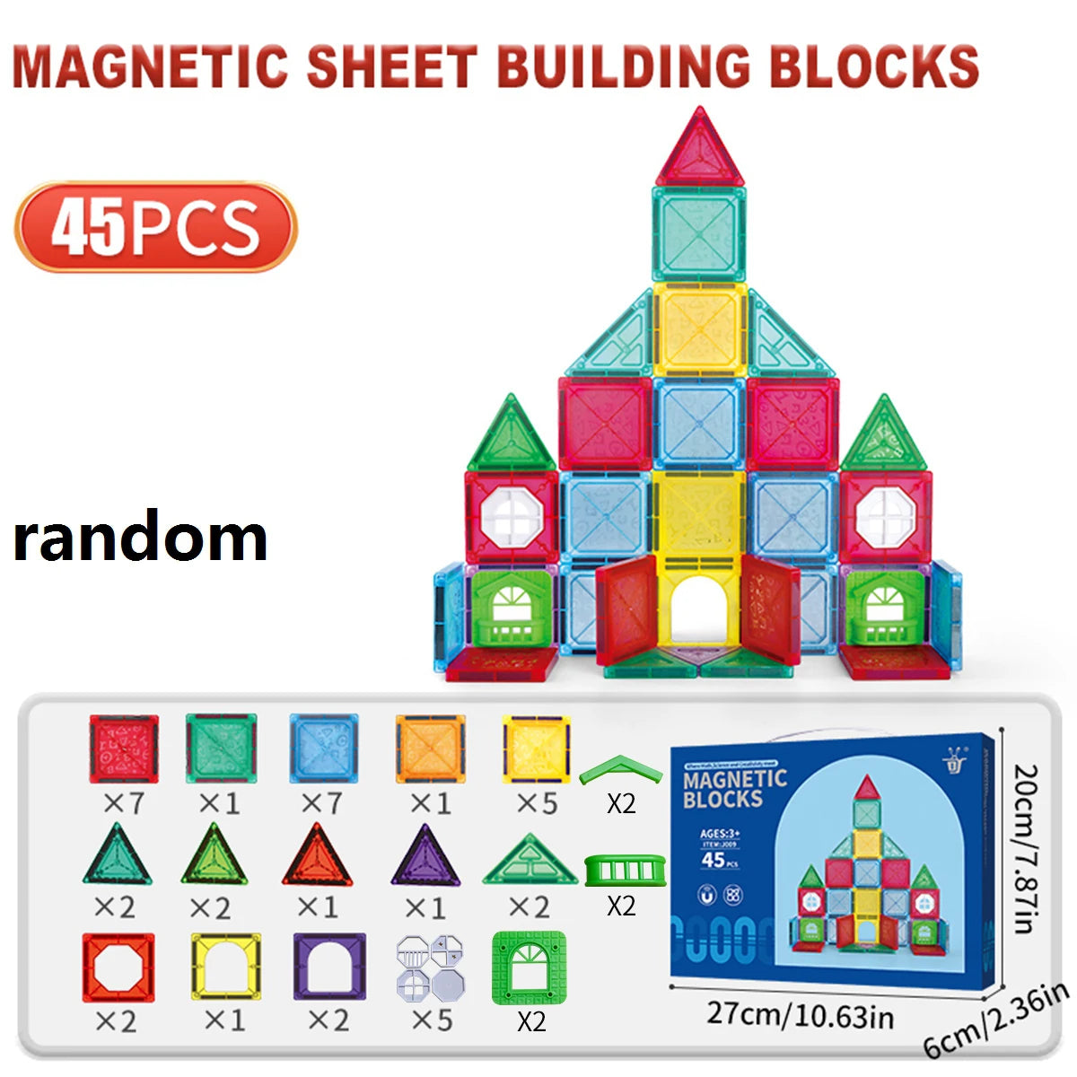 A set of 45 magnetic sheet building blocks in various colors and shapes for children's construction play
