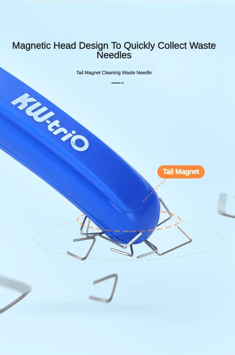 Blue KW-trio magnetic head cleaning waste needle with tail magnet shown in close-up