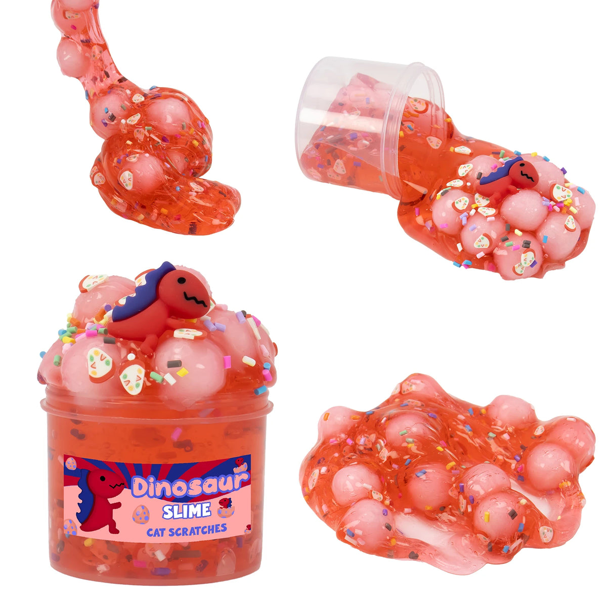 A jar of pink and orange slime with various colorful jelly cubes and glitter inside.