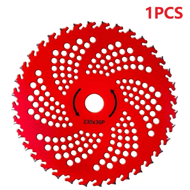 One piece red 36-tooth carbide tipped brush cutter blade for heavy-duty trimming