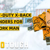 A pair of yellow-orange MeloTough heavy-duty X-back suspenders for a man, displayed against a snowy background.