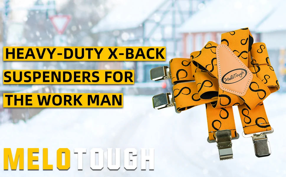 A pair of yellow-orange MeloTough heavy-duty X-back suspenders for a man, displayed against a snowy background.