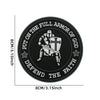 Black circular embroidered patch featuring a knight with a cross shield and text that reads Put on the full armor of God defe