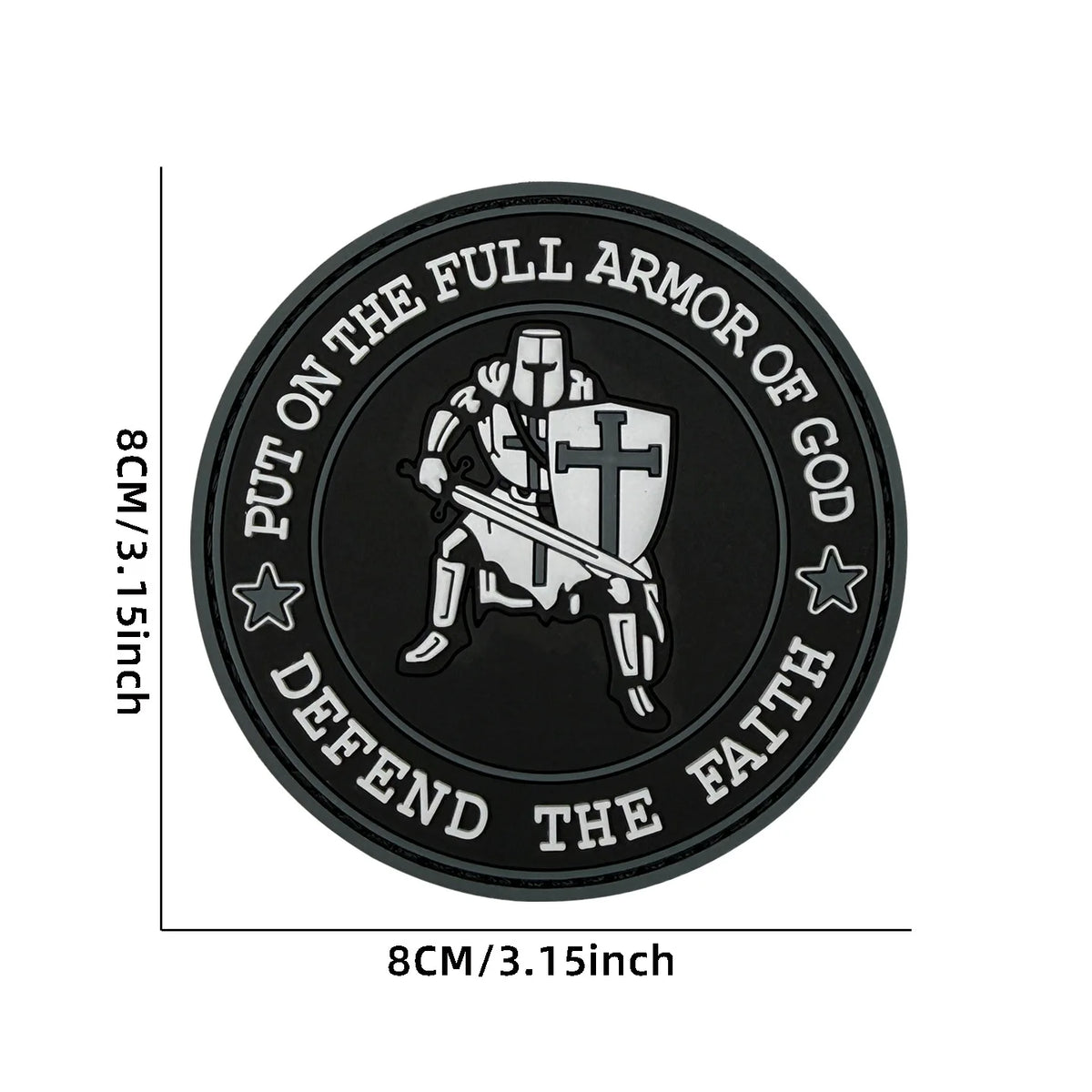 Black circular embroidered patch featuring a knight with a cross shield and text that reads Put on the full armor of God defe