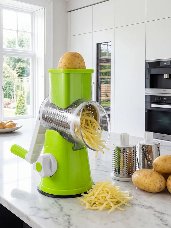 Multi-Function Rotary Cheese Grater with Suction Base and Round Mandoline Slicer