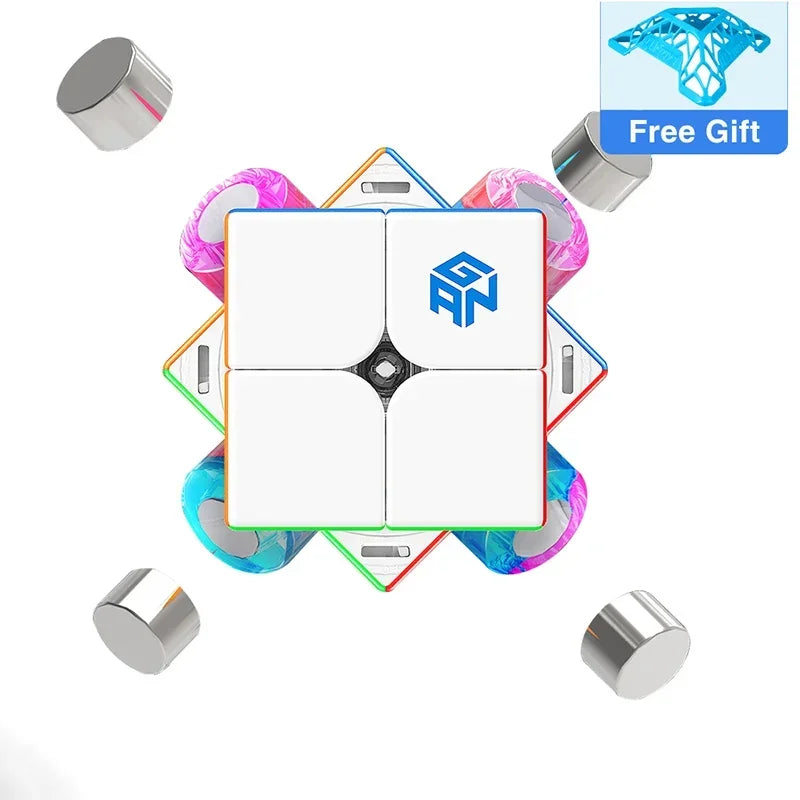 A magnetic 2x2 speed cube puzzle with a white center piece and surrounding components.