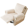 A beige quilted stretch recliner cover with storage pockets shown from the side.