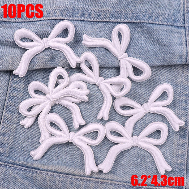 Ten white embroidered bow iron-on patches for DIY clothing decoration