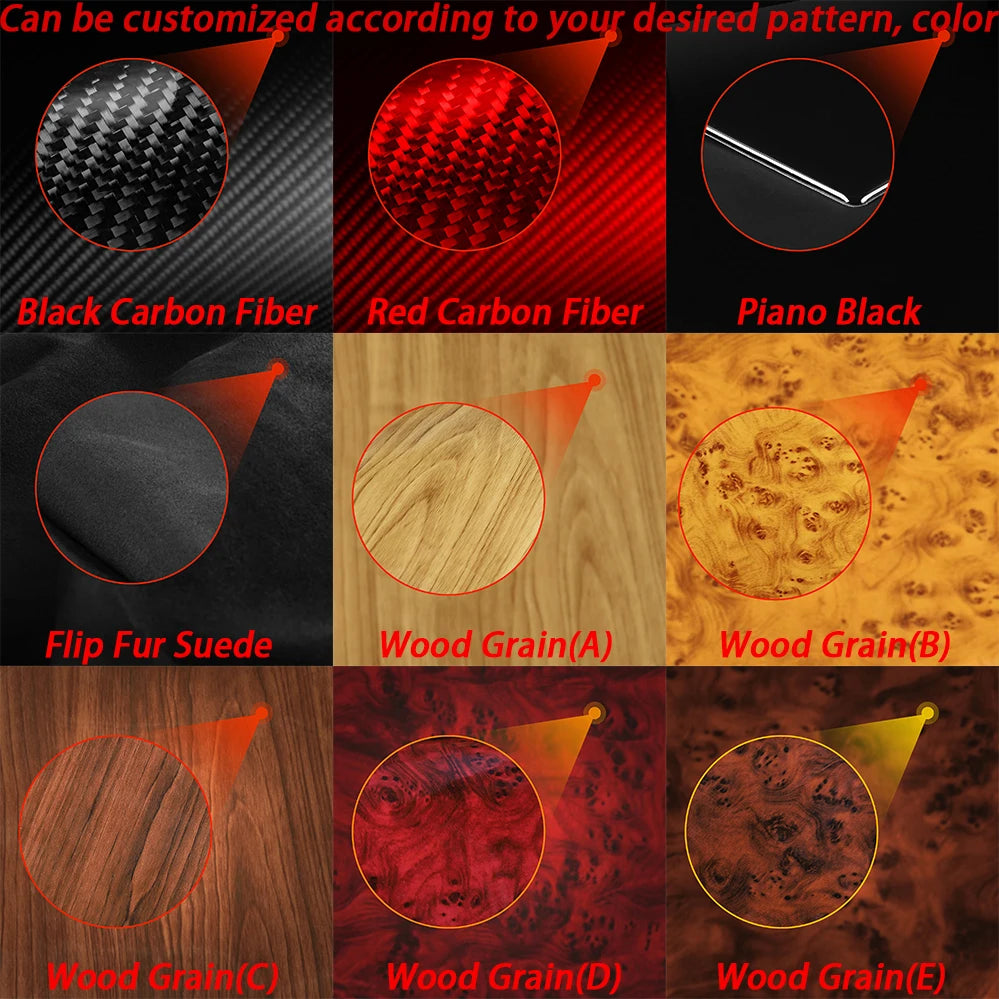 Variété de garnitures en fibre de carbone et bois, y compris noir, rouge, piano black, daim et diverses veines de bois pour u
