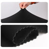 Black elastic luggage protector cover with a letter print shown in two views.