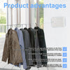 A hanging garment shows a retractable clothesline with an anti-sag adjuster button and a double lock for drying.