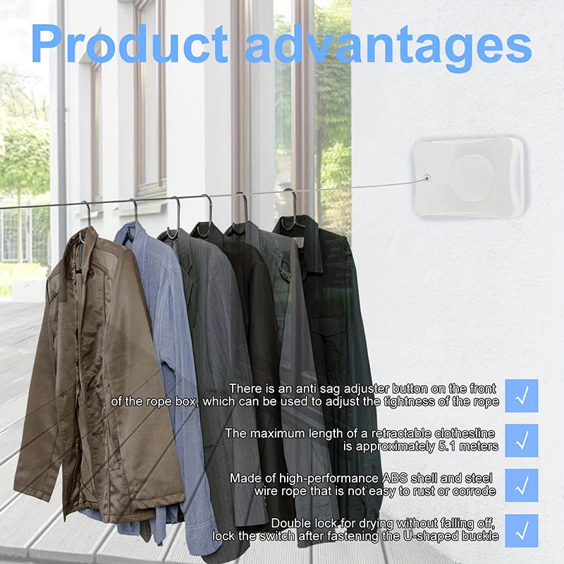 A hanging garment shows a retractable clothesline with an anti-sag adjuster button and a double lock for drying.