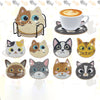 A set of diamond painting coasters featuring various cat faces and a coffee cup.