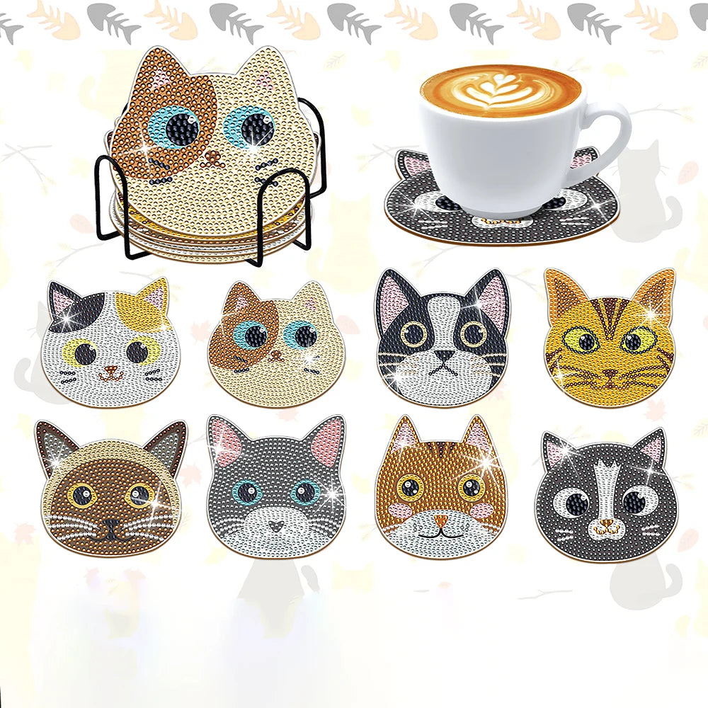 A set of diamond painting coasters featuring various cat faces and a coffee cup.