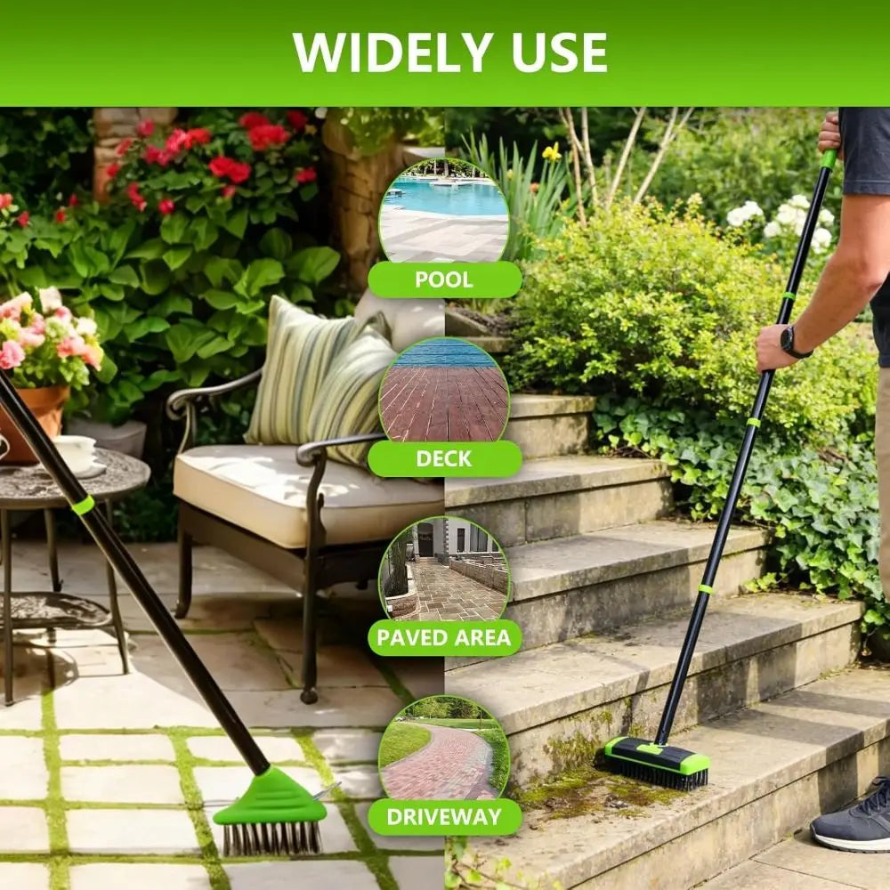 Una persona usa un cepillo de desmalezar para jardín plegable de 3 en 1 en una zona pavimentada y entrada cerca de un jardín.