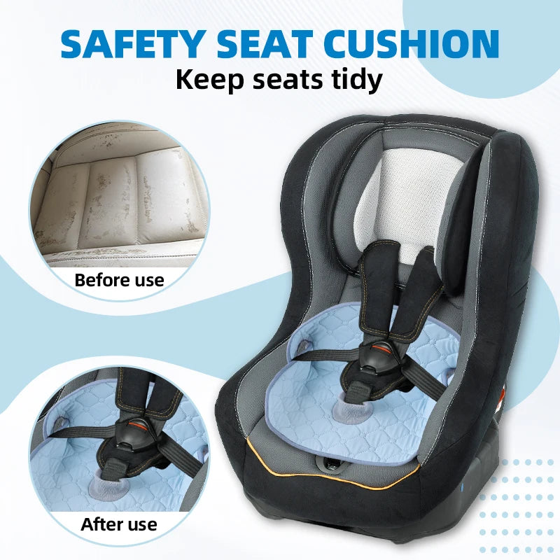 A safety seat cushion protector for car seats, showing before and after use.