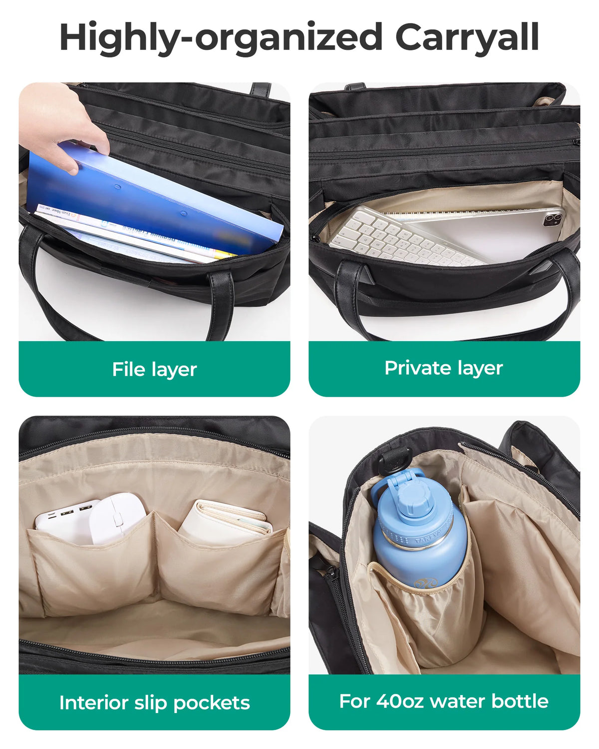 Highly-organized Carryall bag showing file layers, private layer, interior slip pockets, and a slot for a 40oz water bottle.