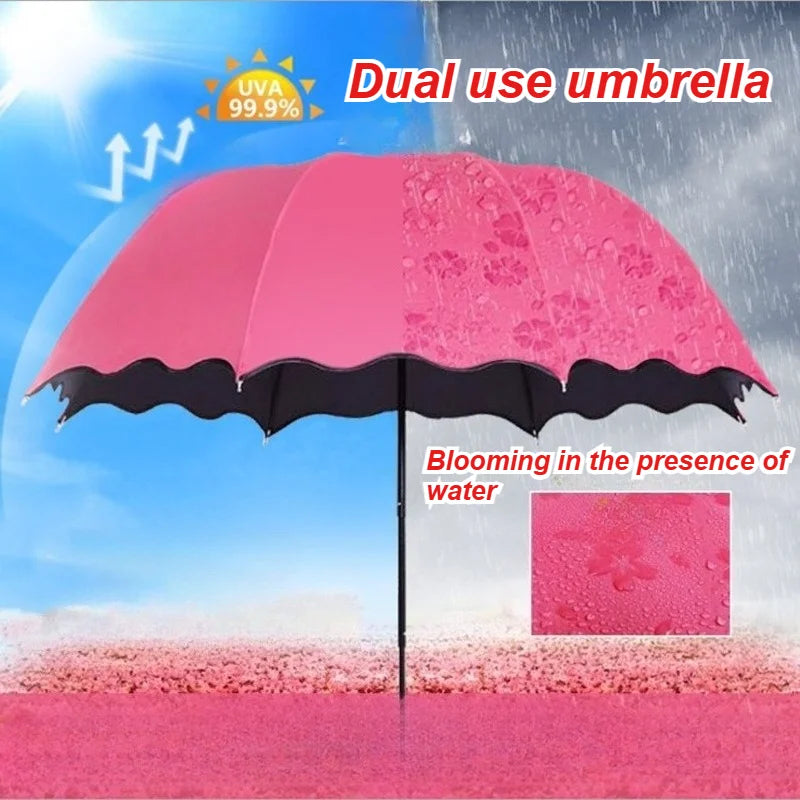 A pink dual-use umbrella is shown in an outdoor setting with rain and sun icons, featuring a close-up of blooming flowers.