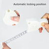 A hand demonstrates the automatic locking position of a white body measuring tape against a ruler.