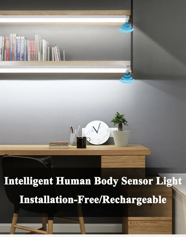 An intelligent human body sensor light installed on a wooden shelf above a desk.