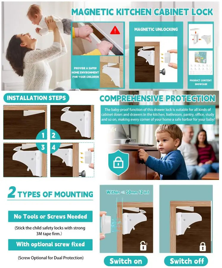 Magnetic kitchen cabinet locks for child safety installation and protection