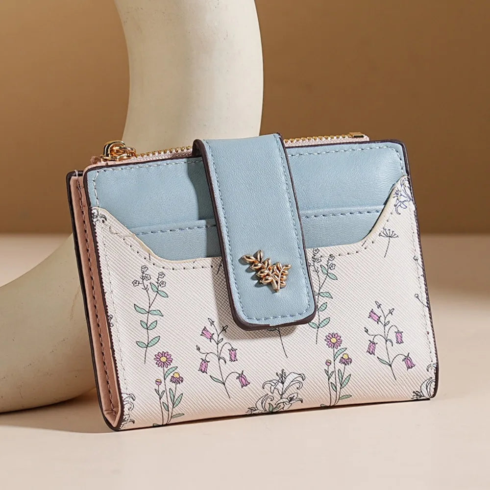 Slim PU Leather Zipper Wallet with Floral Detail