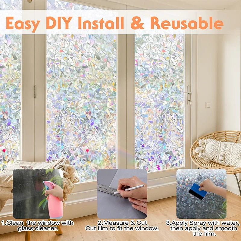 Instructions for DIY install and reusable 3D rainbow privacy window film