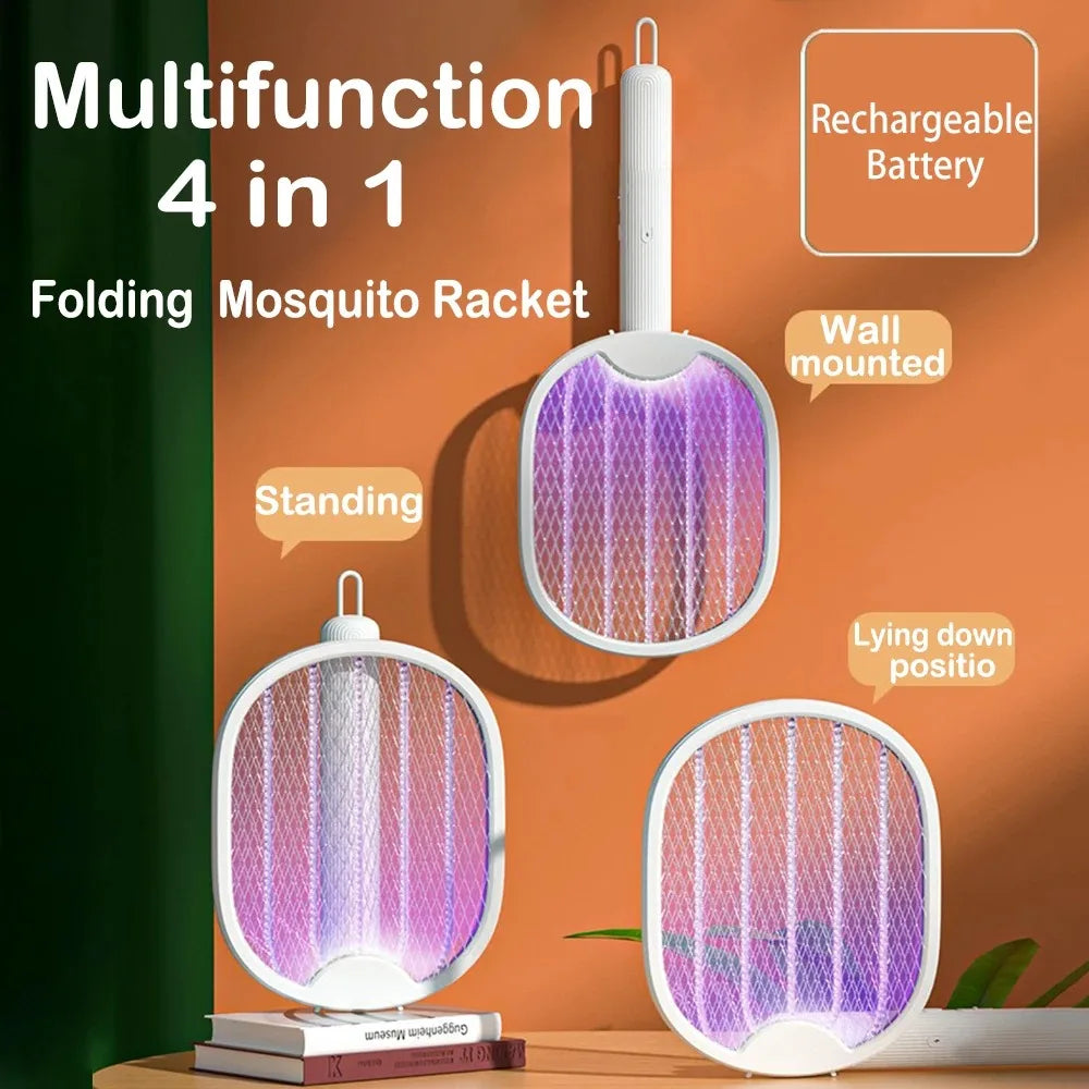 A multifunction 4 in 1 folding mosquito racket shown in standing, wall-mounted, and lying down positions.