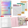 A pink A5 budget binder with cash envelopes and a savings challenge tracker sheet.