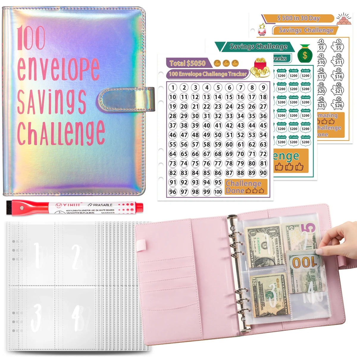 A pink A5 budget binder with cash envelopes and a savings challenge tracker sheet.