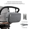 A gray stroller diaper bag organizer with a zippered compartment and various universal stroller straps.