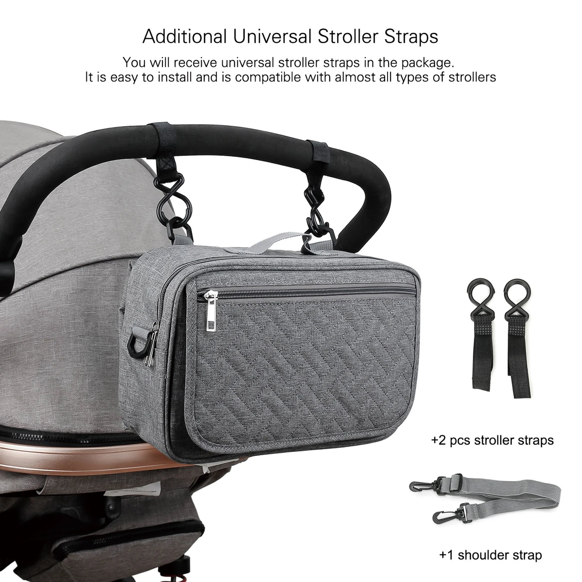 A gray stroller diaper bag organizer with a zippered compartment and various universal stroller straps.