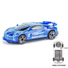 A blue police car toy with lights and sounds, shown from the side.