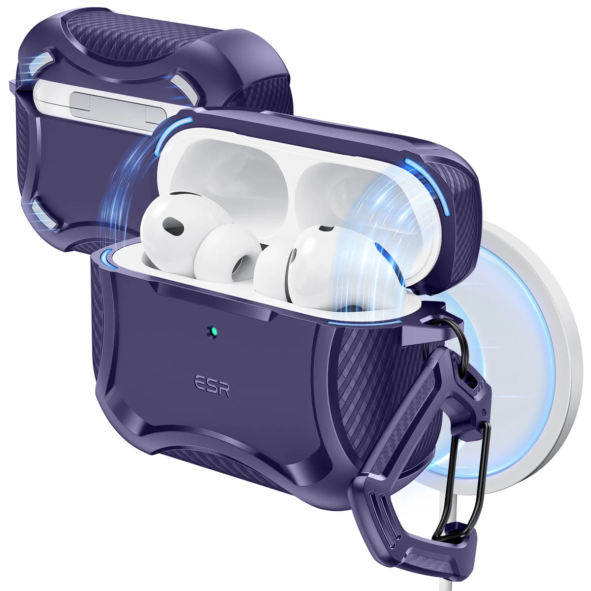 A purple AirPods Pro 3 case with a secure magnetic lock and drop protection feature, showing the earbuds inside.