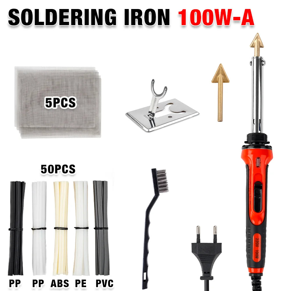 Soldering iron 100W-A with 5 pieces of tips, a metal plate, a brass tip, and an orange iron tool.