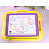 A yellow magnetic drawing board with a purple surface and an orange pencil is shown on a white background.