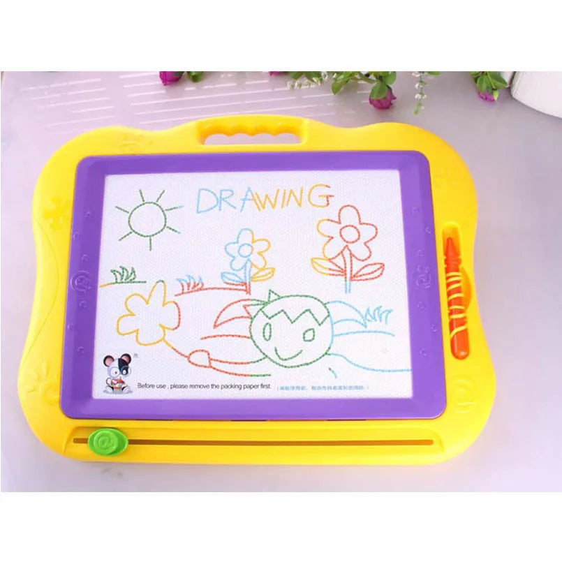 A yellow magnetic drawing board with a purple surface and an orange pencil is shown on a white background.