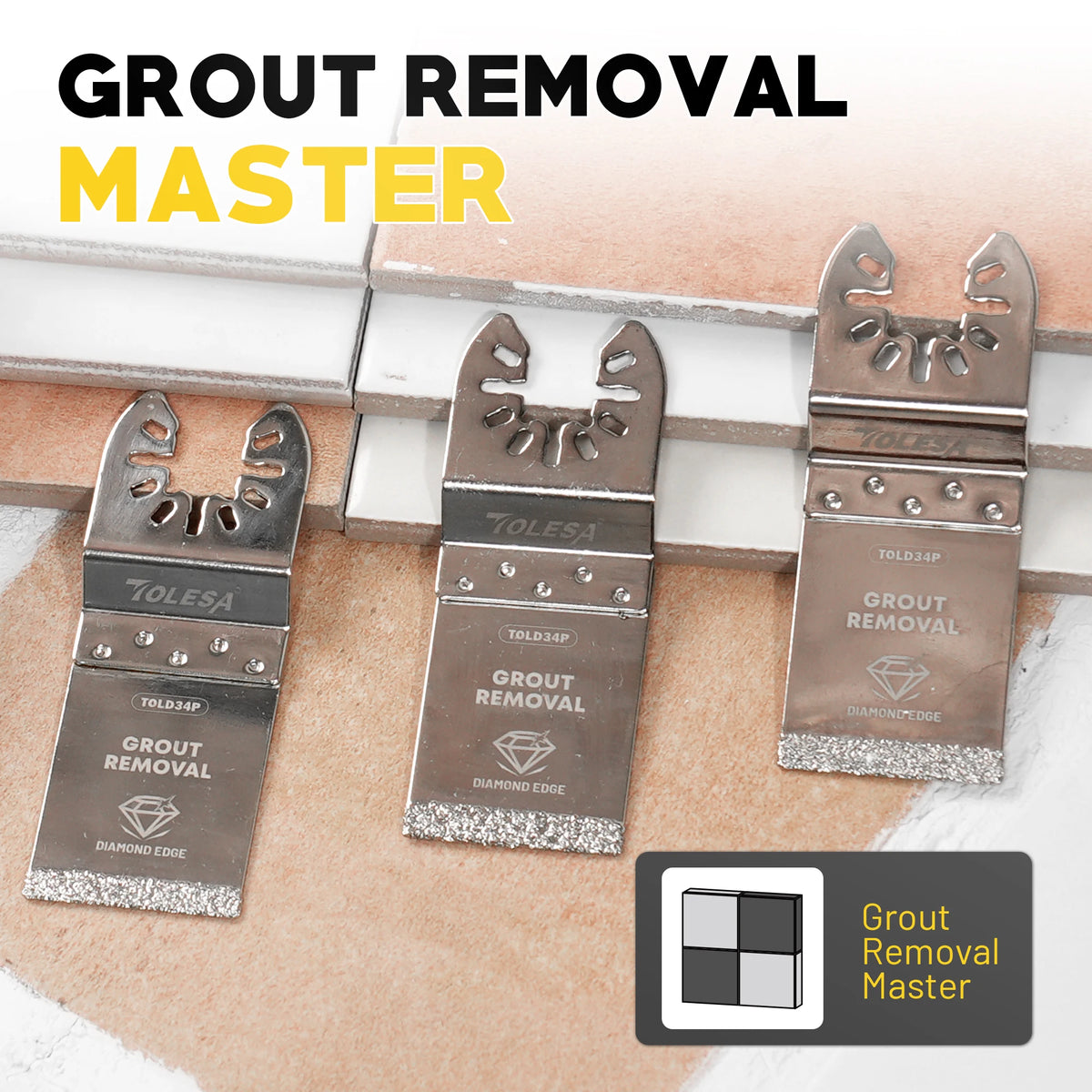 A set of three metal oscillating saw blades for grout removal and mortar cleaning tools