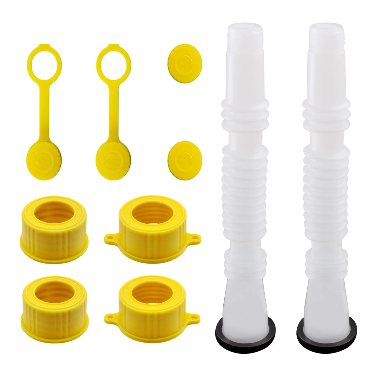 A set of yellow and white silicone components for a universal flexible gas can spout replacement kit.